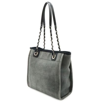 Chanel Deauville Tote Shoulder Bag Chain Canvas Leather Gray Black