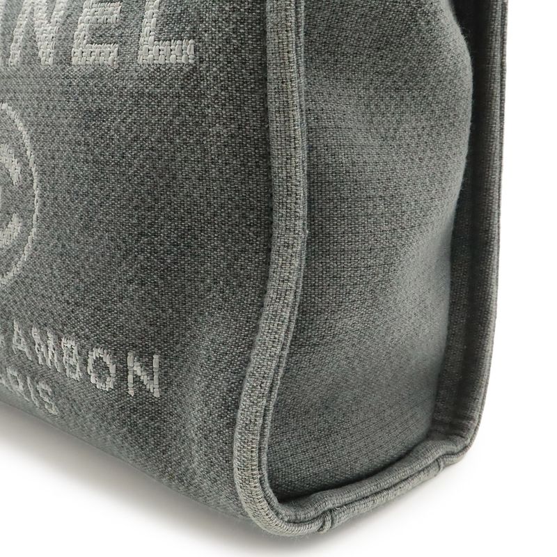 Chanel Deauville Tote Shoulder Bag Chain Canvas Leather Gray Black