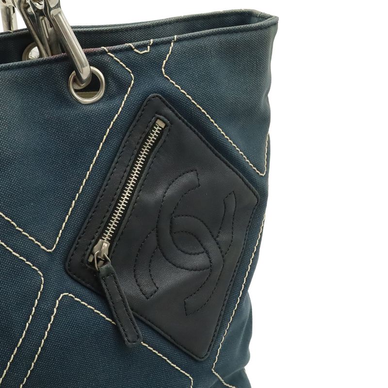 Chanel CC Logo Rope Tote Shoulder Bag Canvas Leather Navy Black