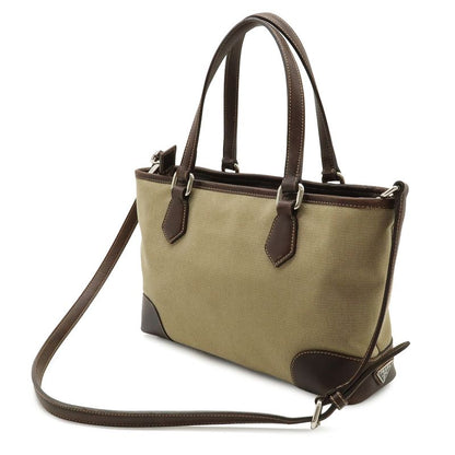 Prada Logo Jacquard 2-Way Shoulder Bag Canvas Leather Khaki Beige Dark Brown