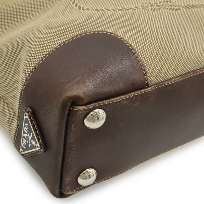 Prada Logo Jacquard 2-Way Shoulder Bag Canvas Leather Khaki Beige Dark Brown