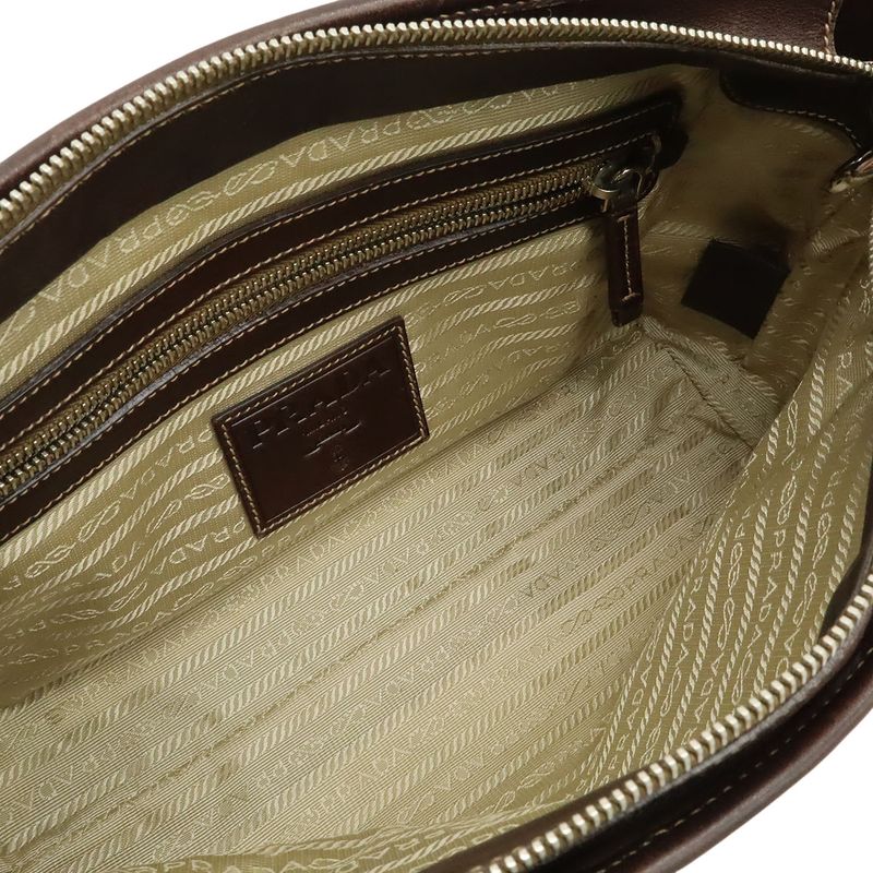 Prada Logo Jacquard 2-Way Shoulder Bag Canvas Leather Khaki Beige Dark Brown