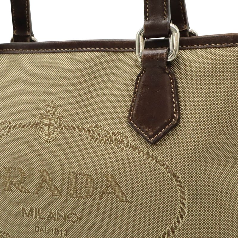 Prada Logo Jacquard 2-Way Shoulder Bag Canvas Leather Khaki Beige Dark Brown
