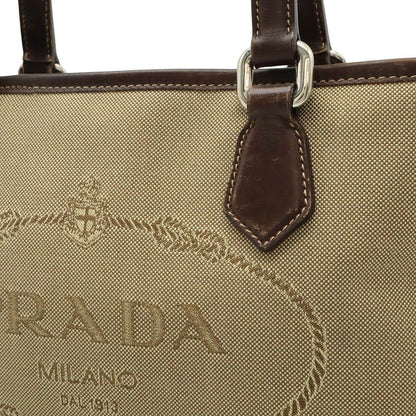Prada Logo Jacquard 2-Way Shoulder Bag Canvas Leather Khaki Beige Dark Brown