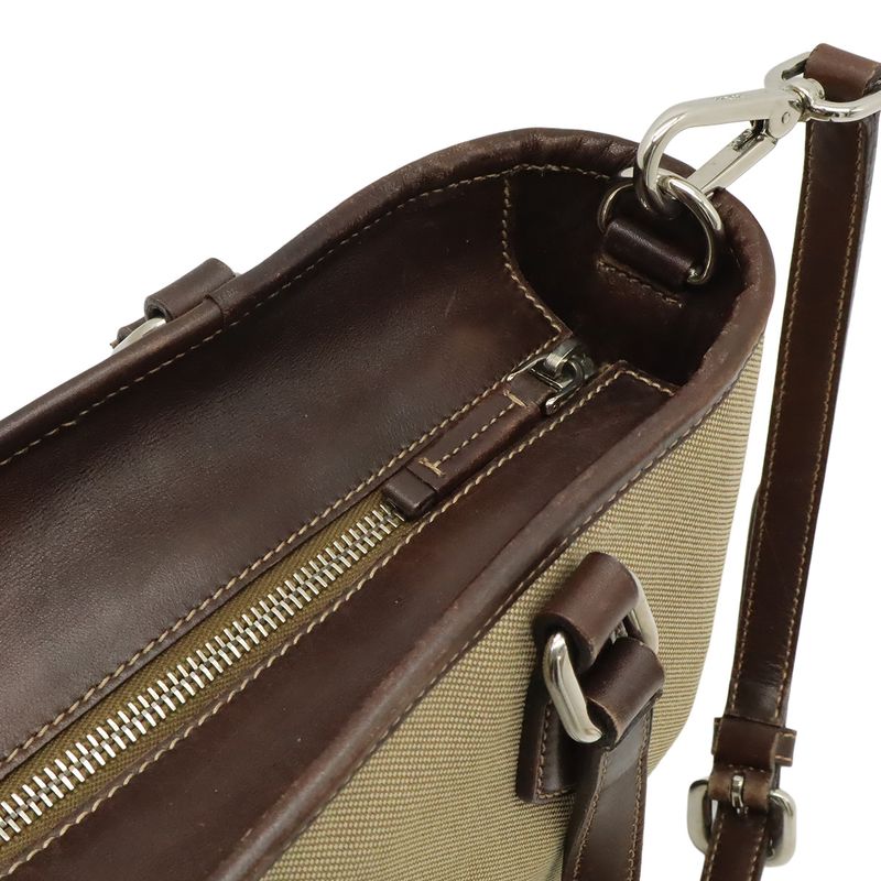 Prada Logo Jacquard 2-Way Shoulder Bag Canvas Leather Khaki Beige Dark Brown