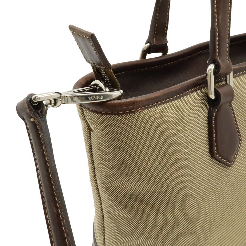 Prada Logo Jacquard 2-Way Shoulder Bag Canvas Leather Khaki Beige Dark Brown
