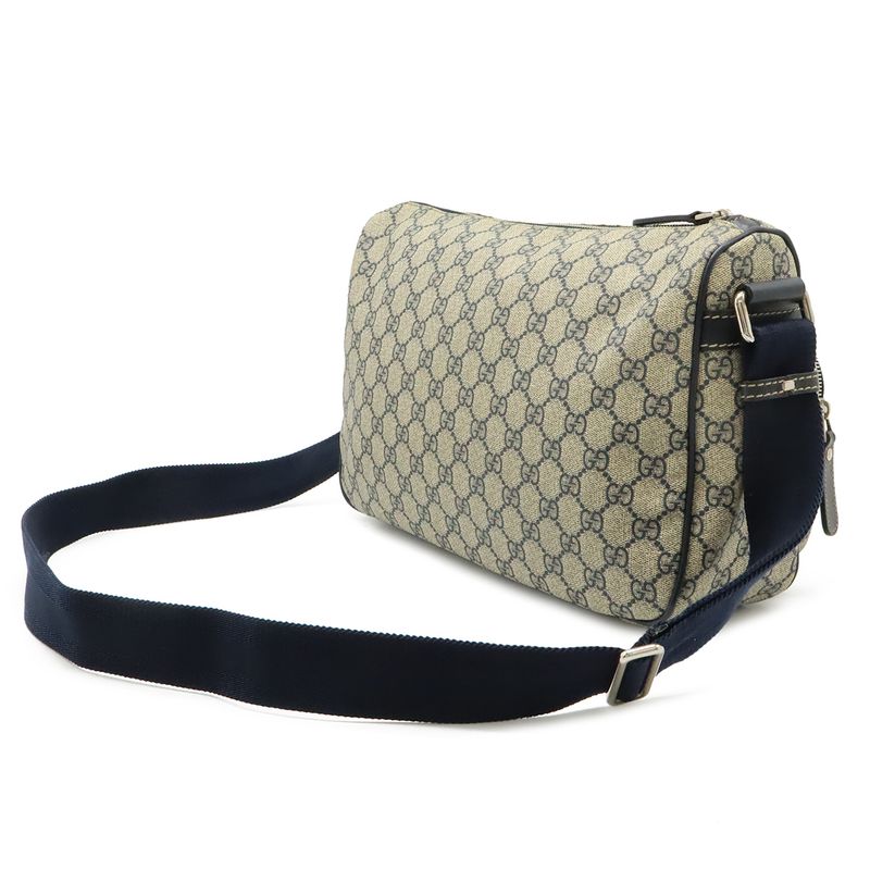 Gucci GG Supreme Plus Shoulder Bag Leather Beige Navy Silver