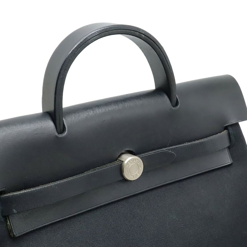 Hermes Herbag a Dos PM Backpack 2-Way Handbag Toile Officier Leather Black