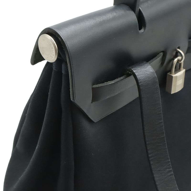 Hermes Herbag a Dos PM Backpack 2-Way Handbag Toile Officier Leather Black