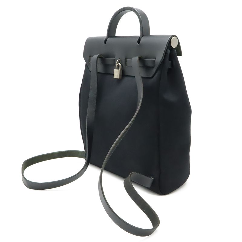 Hermes Herbag a Dos PM Backpack 2-Way Handbag Toile Officier Leather Black
