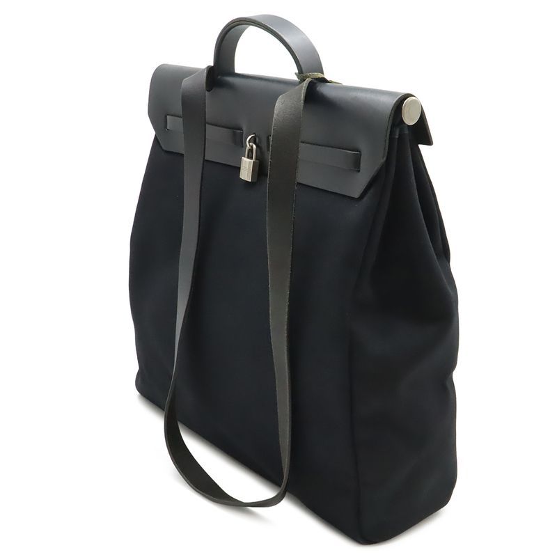 Hermes Herbag GM 2-Way Shoulder Bag Crossbody Toile Officier Leather Black