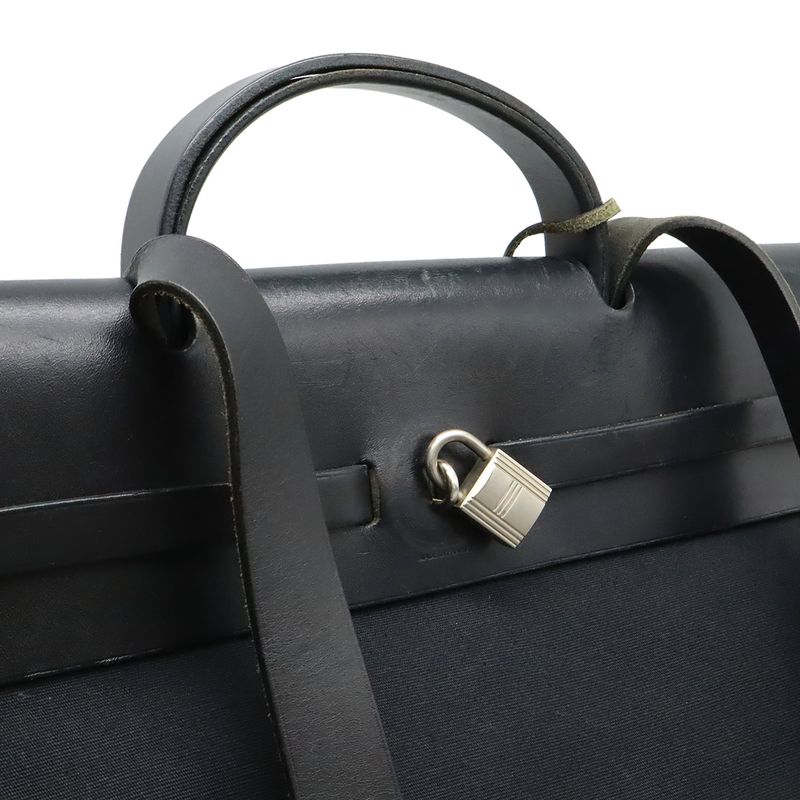 Hermes Herbag GM 2-Way Shoulder Bag Crossbody Toile Officier Leather Black