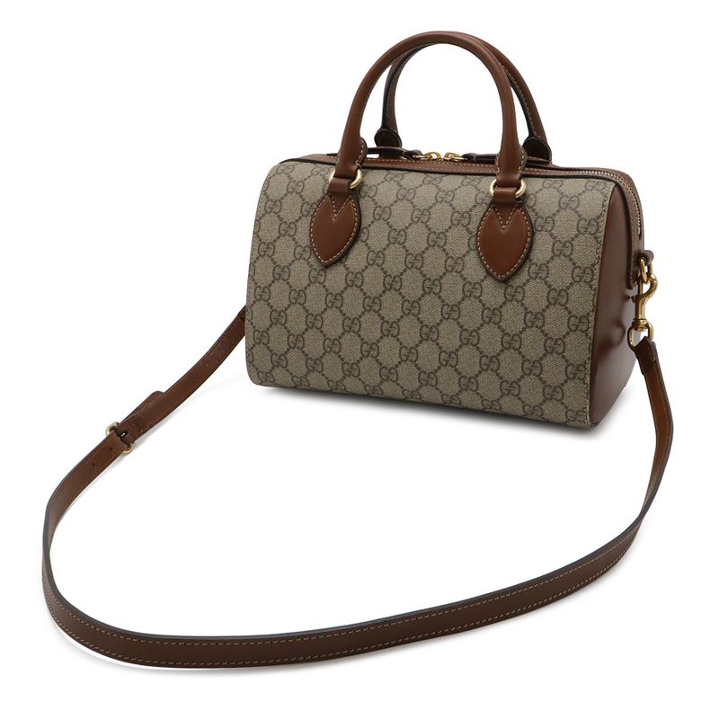 Gucci GG Supreme Mini Boston Bag 2-Way Leather Beige Brown Tea Gold