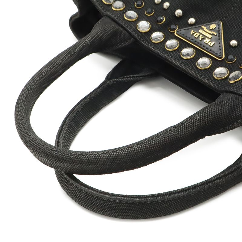 Prada Canapa 2-Way Shoulder Bag Crossbody Bijoux Studded Canvas Nero Black