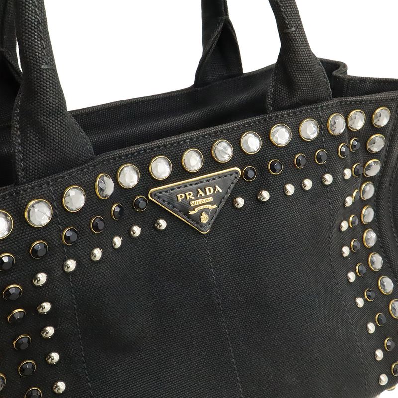 Prada Canapa 2-Way Shoulder Bag Crossbody Bijoux Studded Canvas Nero Black