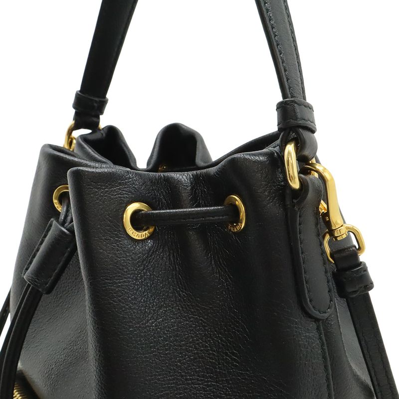 Prada Bucket Bag Drawstring 2-Way Leather Nero Black Gold