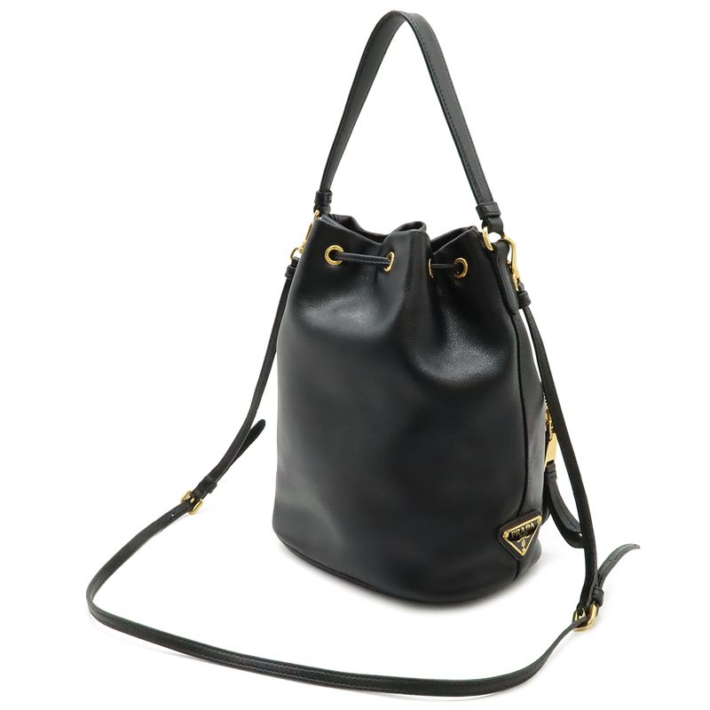 Prada Bucket Bag Drawstring 2-Way Leather Nero Black Gold