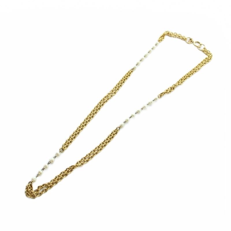 Chanel Long Necklace 2 Logo Pearl Gold