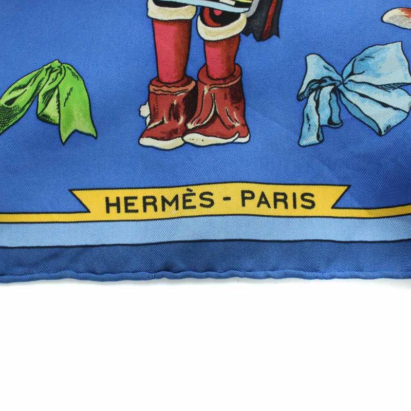 Hermes Carre 90 Kachinas Large Scarf Shawl Logo All Over Pattern Silk Blue