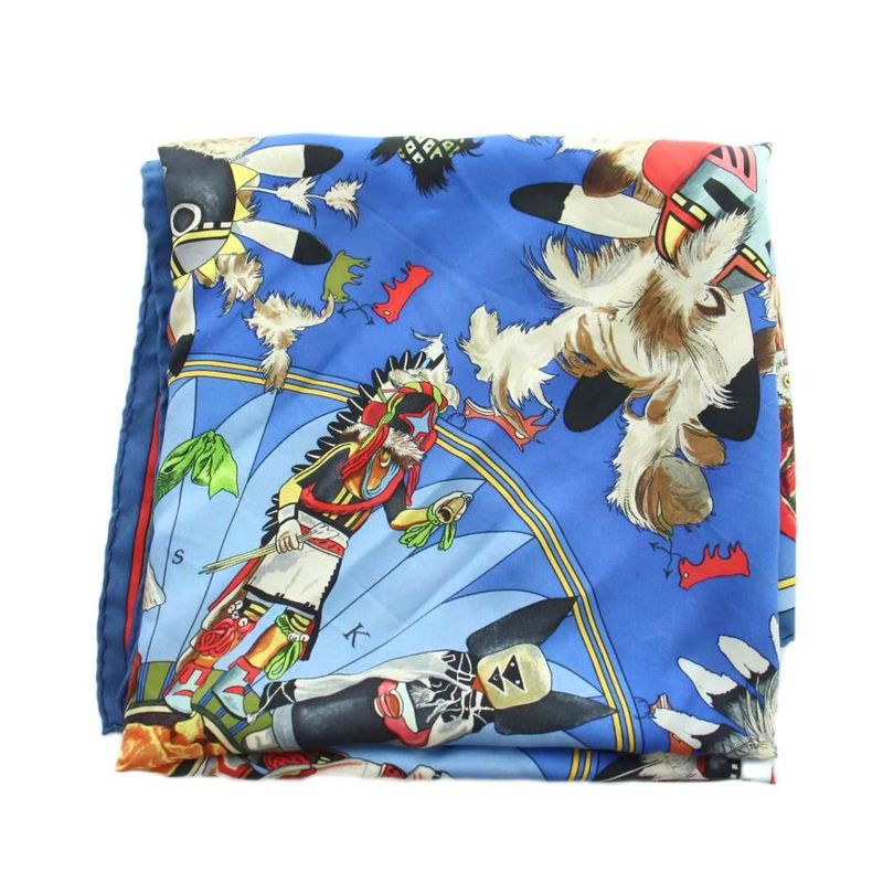Hermes Carre 90 Kachinas Large Scarf Shawl Logo All Over Pattern Silk Blue