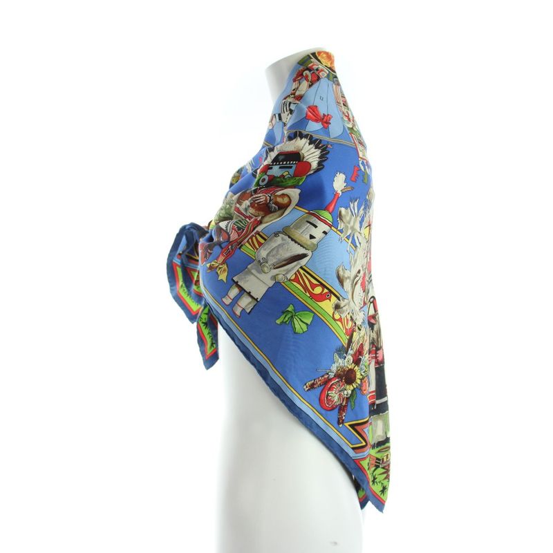 Hermes Carre 90 Kachinas Large Scarf Shawl Logo All Over Pattern Silk Blue