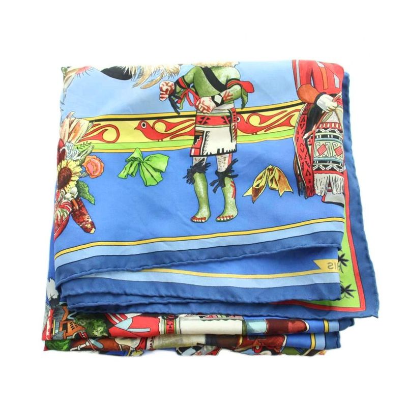Hermes Carre 90 Kachinas Large Scarf Shawl Logo All Over Pattern Silk Blue