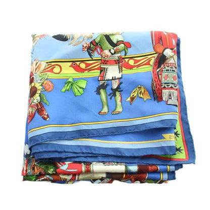 Hermes Carre 90 Kachinas Large Scarf Shawl Logo All Over Pattern Silk Blue