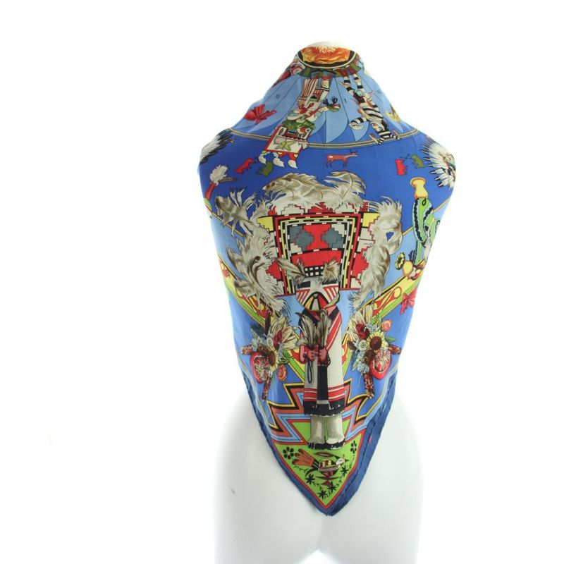 Hermes Carre 90 Kachinas Large Scarf Shawl Logo All Over Pattern Silk Blue