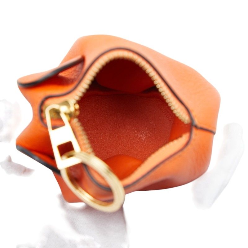 Loewe Elephant Motive Charm Key Holder Coin Purse Orange Leather Keychain
