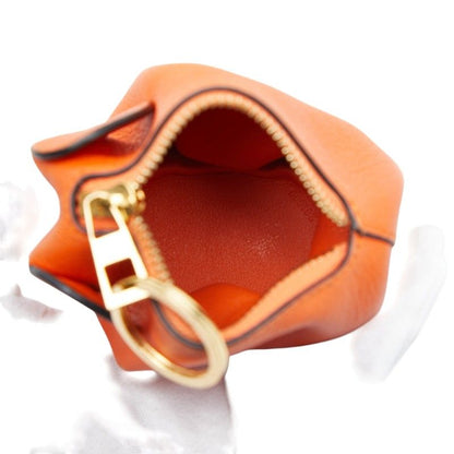 Loewe Elephant Motive Charm Key Holder Coin Purse Orange Leather Keychain