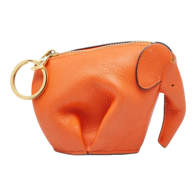 Loewe Elephant Motive Charm Key Holder Coin Purse Orange Leather Keychain