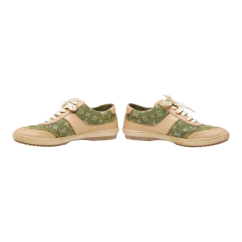 Louis Vuitton Monogram Sneakers 35.5 Beige Green Canvas Leather