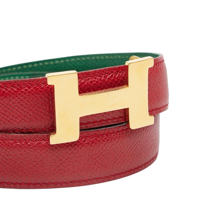 Hermes Constance Buckle Logo Reversible Belt 65 Red Green Gold Leather