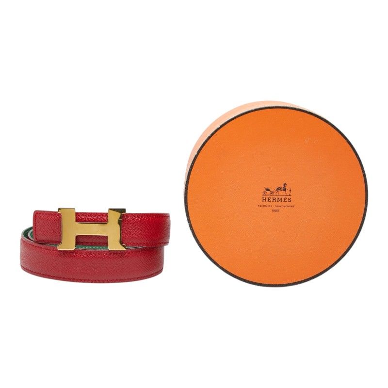 Hermes Constance Buckle Logo Reversible Belt 65 Red Green Gold Leather