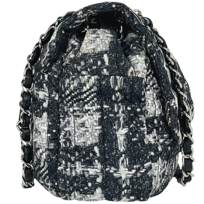 Chanel CC Logo Chain Shoulder Bag Tweed Pattern Bag Nylon Black White