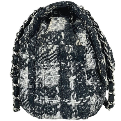 Chanel CC Logo Chain Shoulder Bag Tweed Pattern Bag Nylon Black White