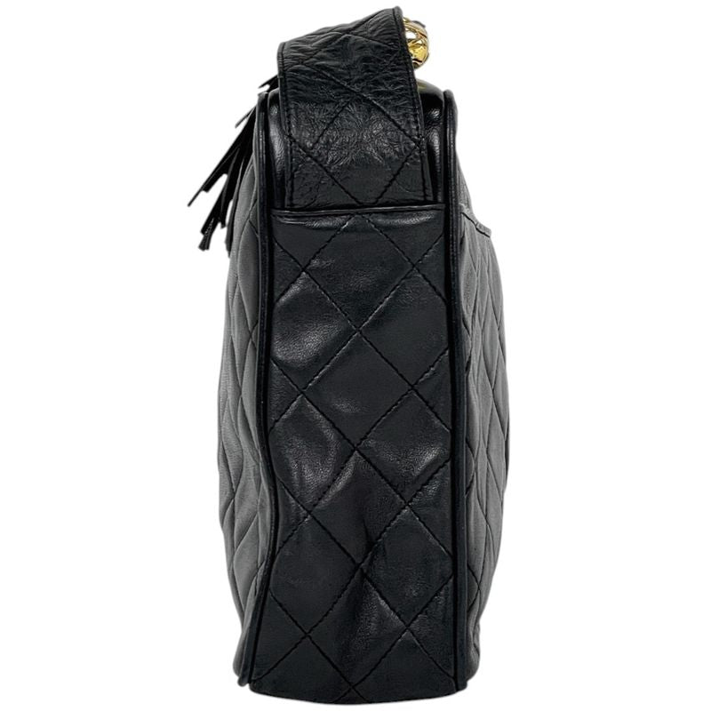 Chanel CC Logo Fringe Shoulder Bag Tassel Quilted Leather Black