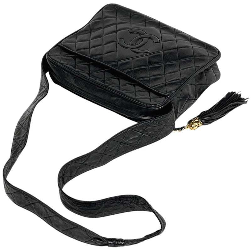 Chanel CC Logo Fringe Shoulder Bag Tassel Quilted Leather Black