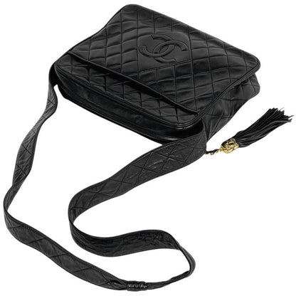 Chanel CC Logo Fringe Shoulder Bag Tassel Quilted Leather Black