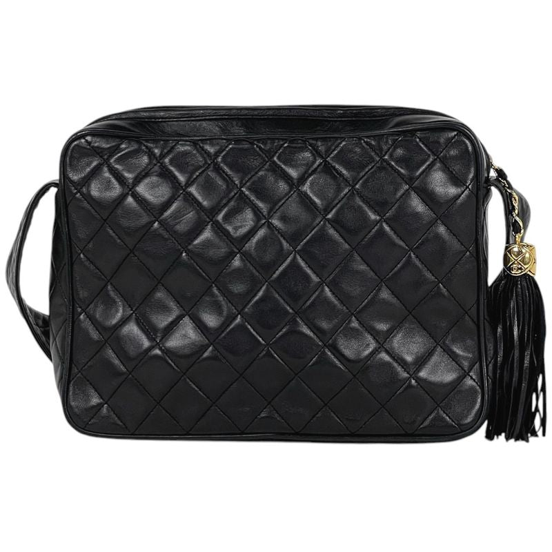 Chanel CC Logo Fringe Shoulder Bag Tassel Quilted Leather Black