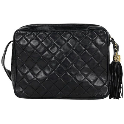 Chanel CC Logo Fringe Shoulder Bag Tassel Quilted Leather Black