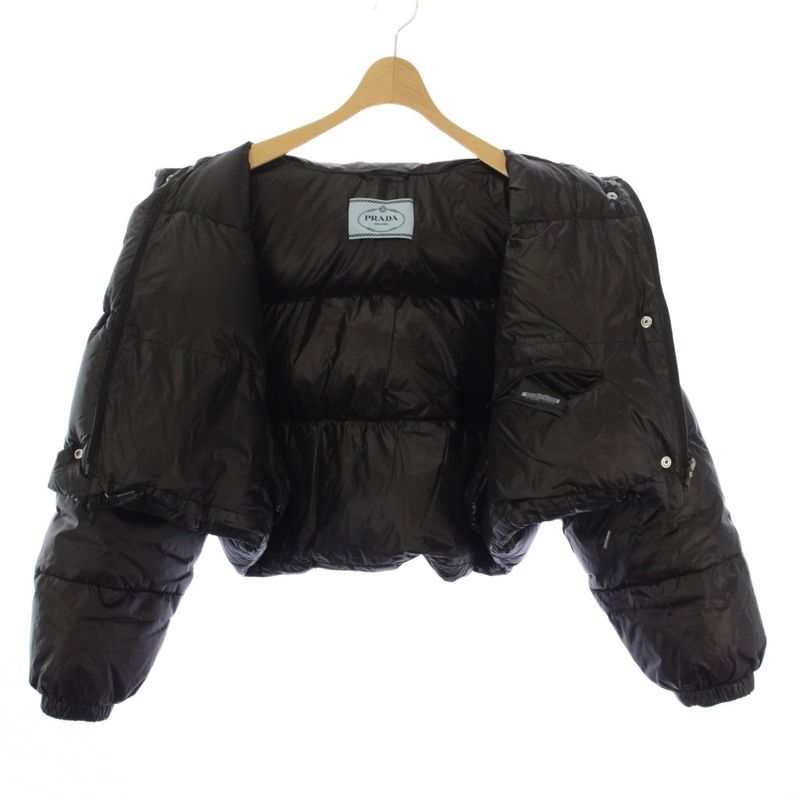 Prada Re-Nylon Cropped Down Jacket 2-Way Stand Collar 36 Black