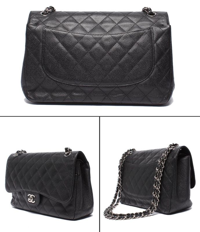 Chanel Chain Shoulder Bag Double Flap Silver Caviar Leather 16 Big Quilted 30