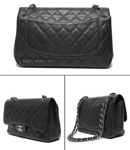Chanel Chain Shoulder Bag Double Flap Silver Caviar Leather 16 Big Quilted 30