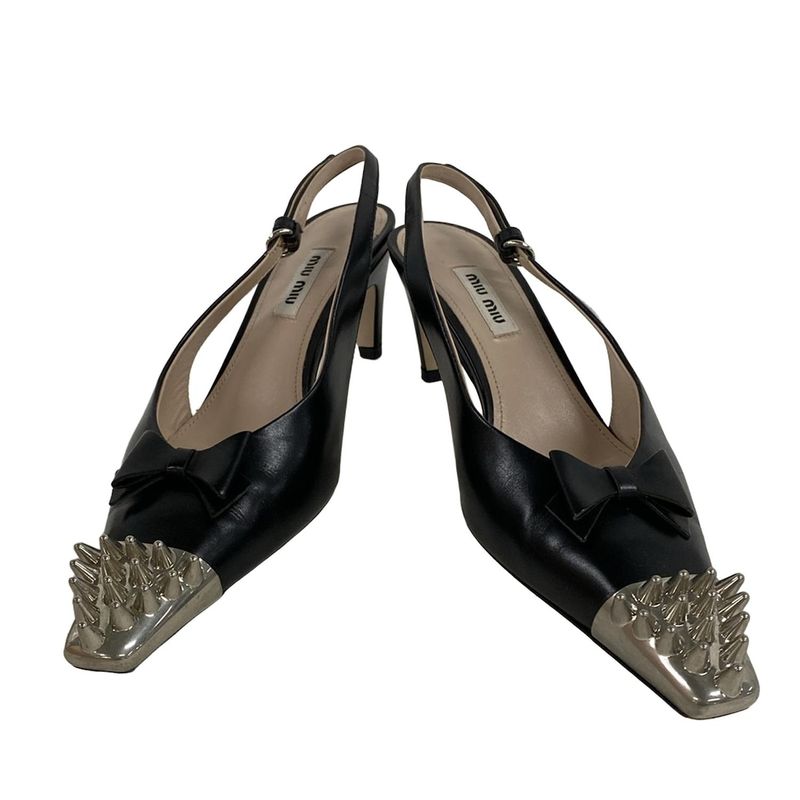 Miu Miu Sandals 35.5 Black Silver Studded Ribbon Leather