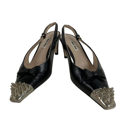 Miu Miu Sandals 35.5 Black Silver Studded Ribbon Leather