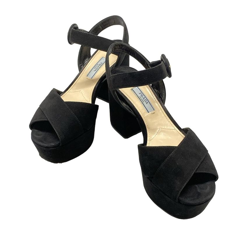Prada Sandals 34.5 Black Thick Sole Ankle Strap Open Toe