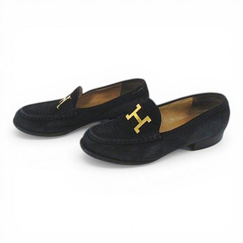 Hermes Loafer Gold 35.5 Black Suede