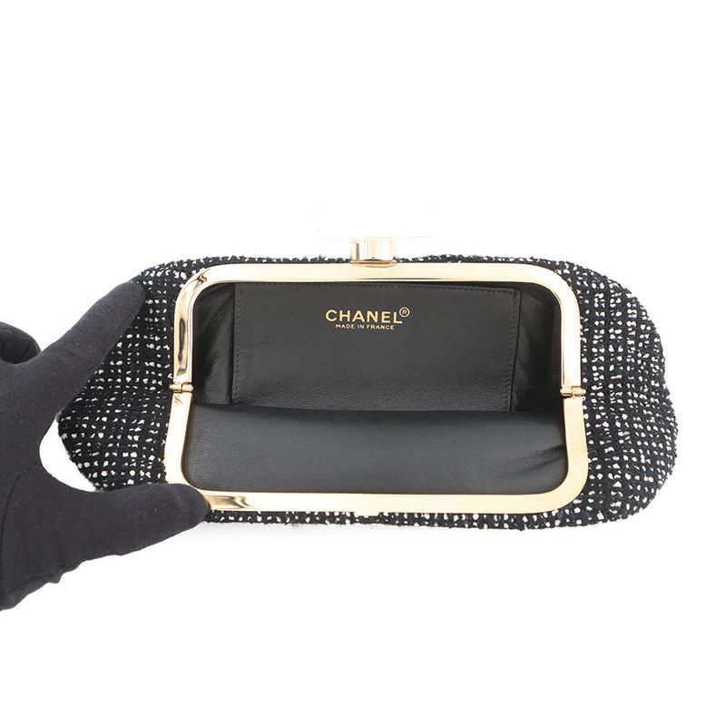 Chanel Clutch CC Logo Bijou Crystal Tweed Party Black