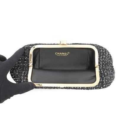 Chanel Clutch CC Logo Bijou Crystal Tweed Party Black
